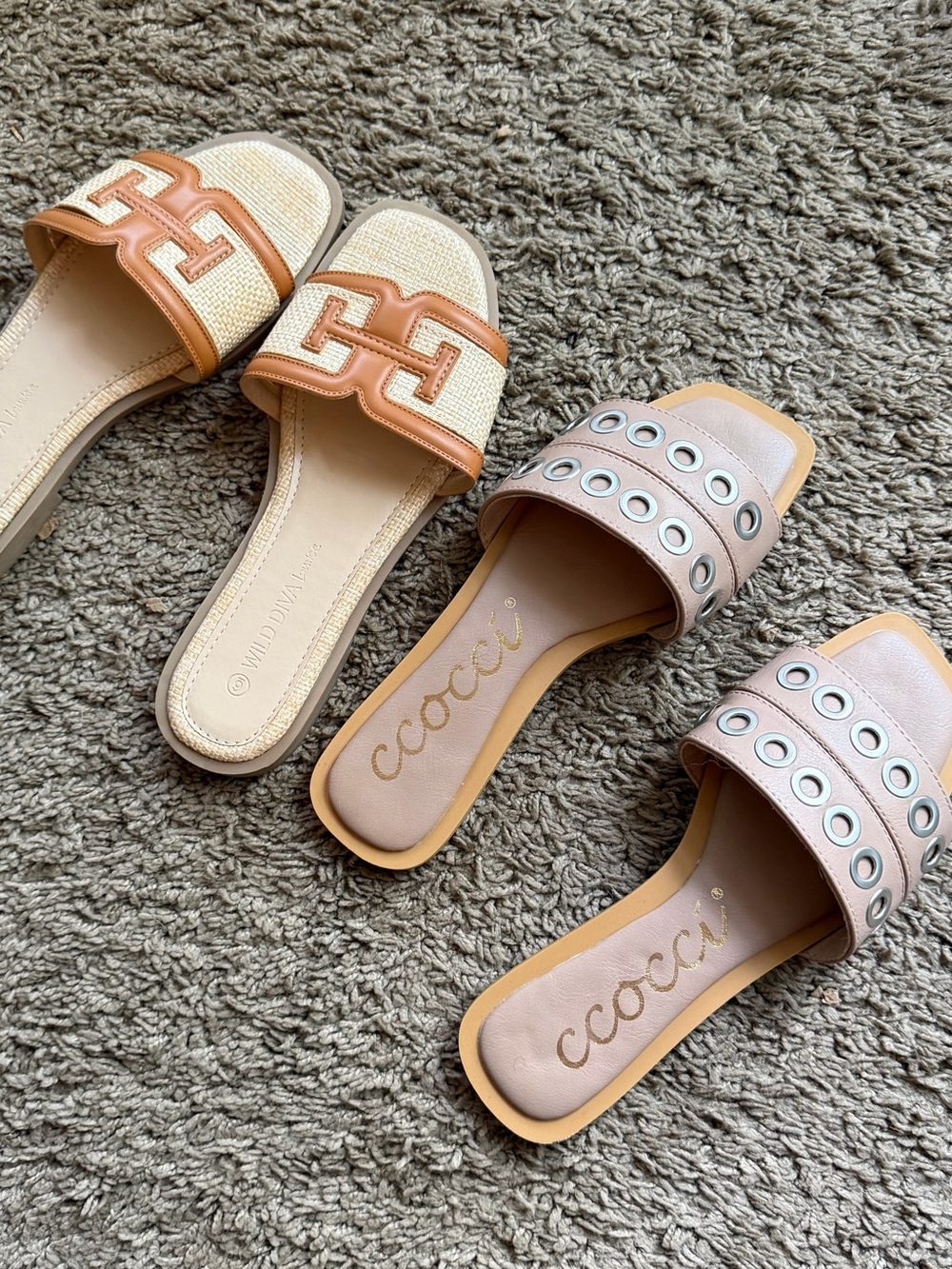 Wild Diva Tan & Beige Slide Sandals with Eyelet Accents and ccocci slides bundle